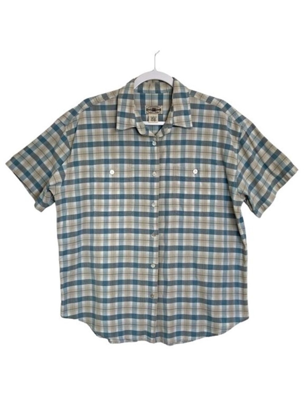 Vintage County Seat Shirt 100% Cotton Plaid Button Down Pockets Blue Tan Size L